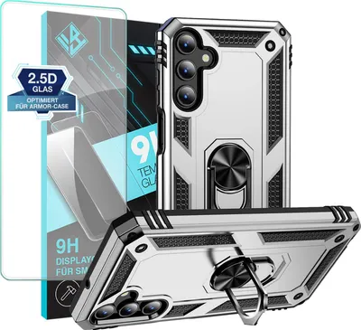 A product shot of a phone case and screen protector set, with marketing text and graphics.