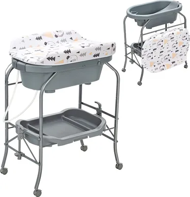 Produktbild von 2 in 1 Wickeltisch Klappbar & Badewanne mit Gestell, Wickelkommode auf Rollen mit Bremsen, Badestation Baby ab Geburt bis 15 kg