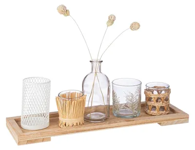 Immagine prodotto di Set da 6 pezzi, composizione decorativa "Nature", vetro, MDF, metallo, colore naturale, confezione da 3, lunghezza 12,5 cm, larghezza 40 cm, altezza 15 cm. Codice prodotto: 51564. Codice EAN: 4001250515647