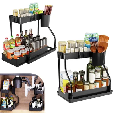 Produktbild von 2 Unterspülbeckenregale mit Haken und Schubladen, 2-stöckiges, freistehendes Unterspülbeckenregal, Küchenregal mit Gewürzregal, Unterschrankregal, Unterspülbeckenregal.