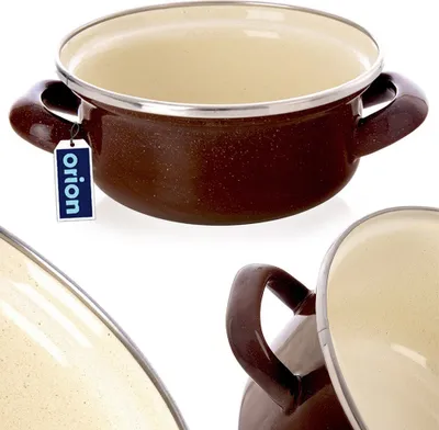 A brown enamel pot with cream interior and two handles, shown from a slightly elevated angle. A tag with the brand name 'orion' is attached to one handle. Another pot is partially visible in the foreground and another in the background.