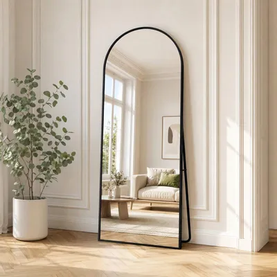 Zdjęcie produktu dla Lustro stojące/do zawieszenia, 164x54 cm, czarne, z ramą aluminiową, lustro panoramiczne, wykonane ze szkła hartowanego, możliwość ustawienia na podłodze lub montażu na ścianie