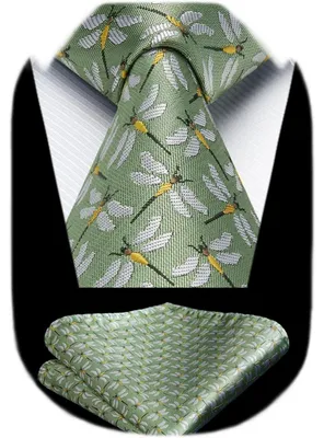 Productafbeelding van Herenset: stropdas en zakdoek met dierenprint, klassiek design, geschikt voor zakelijke gelegenheden, groen/geel, one size