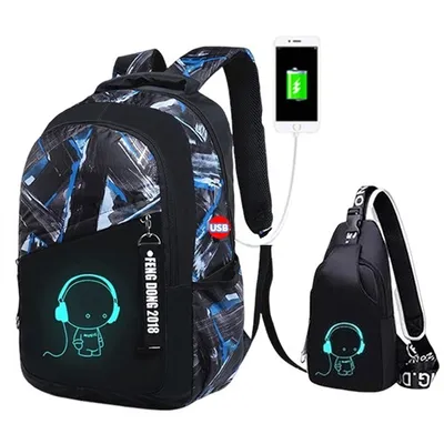 Produktbild von Schulrucksäcke Rucksack-Set Anime Leuchtender USB Jungen Rucksack mit Umhängetasche, Mädchen Teenager Schultasche Laptopfach