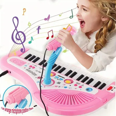 Produktbild von Kinder-Keyboard mit 37 Tasten und Mikrofon, elektronisches Spielzeugklavier aus ABS - Rosa