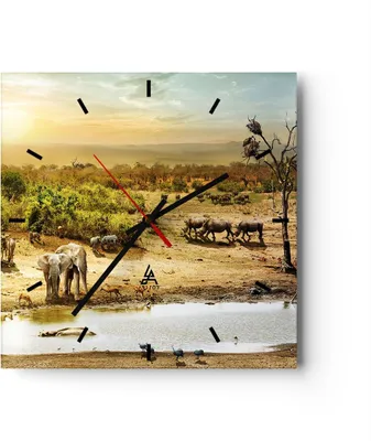 Produktbild von Wanduhr - Quadrat - Glasuhr - Safari Tiere - 30x30cm - Schleichendes Uhrwerk - Lautlos - zum Aufhängen bereit - Dekoration Modern - Wanddekoration aus Glas - C3AC30x30-3880