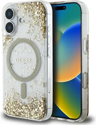 Image de GUESS étui compatible IPHONE 16 avec MagSafe GUHMP16SRGRGED (Resin Bottom Glitter) or
