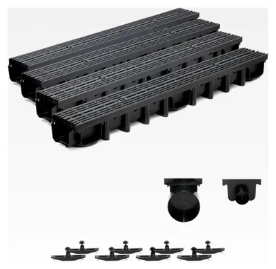 Produktbild von 4m Entwässerungsrinne für modulares System A15 98mm, kompletter Stegrost aus Kunststoff, Schwarz