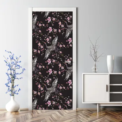 Produktbild von Dekorative Türdekoration selbstklebend Klebefolie Tür Tattoo Aufkleber Kraniche und Blumen 77 x 200 cm