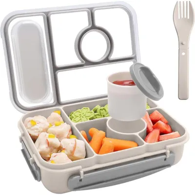Immagine prodotto di Contenitore per alimenti Bento Box per bambini, con 5 scomparti, capacità 1300 ml, colore grigio, adatto al microonde e alla lavastoviglie, privo di BPA