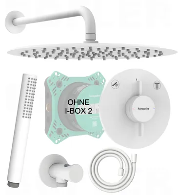 A collection of white bathroom shower fixtures and components arranged on a white background.