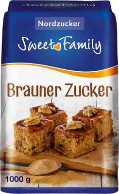 A bag of brown sugar with images of cakes on it.