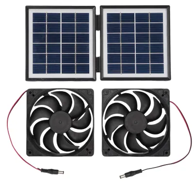 Productafbeelding van Zonnepaneel-ventilatorset, waterdicht, 2 x 5 W, voor ventilatie en koeling, met inklapbaar 10 W zonnepaneel, geschikt voor campers, dierenverblijven en buitenruimtes