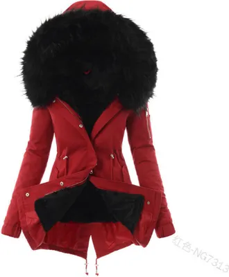 Produktbild von ASKSA Winterjacke Damen Warm Gefüttert Lang Parka Jacke Mantel Mittellang mit Kapuze Dicke Fleecejacke, Rot, 2XL