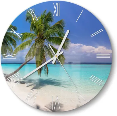 Produktbild von DEQORI Glasuhr Ø30 cm Römisch 'Paradiesischer Strand' Wanduhr Glas Uhr Design leise