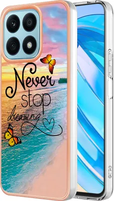 A phone case with a sunset beach scene and butterflies.