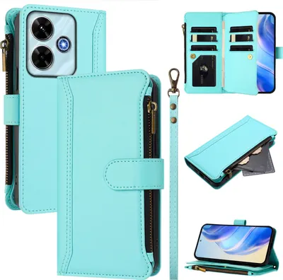 Obrázek produktu pro Pouzdro pro Xiaomi Poco M6 4G/Redmi 13/Redmi 13 5G, zipem, peněženkovéPolyuretankožené flip pouzdro s kapsami na karty, stojánkem a poutkem na ruku mátově zelená