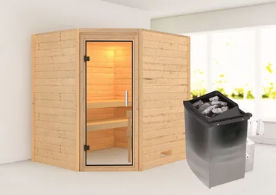 Produktbild von Karibu Sauna Innensauna Mia Eckeinstieg Ofen 9 kW integr. Strg 196x169x198 cm ohne Dachkranz mit Klarglastür