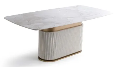 Productafbeelding van Eettafel, modern, wit, goudkleurige marmerlook, rechthoekig, zuilvormig design
