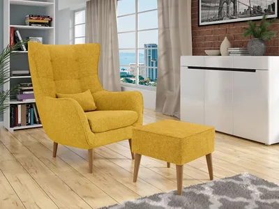 Obrázok produktu pre Dizajnové kreslo ušiak s taburetkou LEVI - žlté