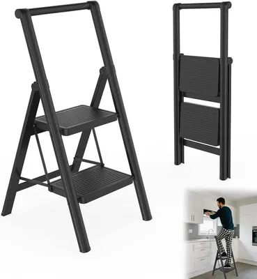 Produktbild von Faltbare Treppe – Haushaltsleiter mit Handlauf – Sicher arbeiten im Haus – Breite, rutschfeste Stufen – 2 Stufen – Schwarz