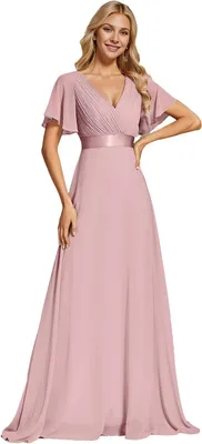 Produktbild von Chiffon-Brautjungfernkleid in Altrosa mit kurzen Ärmeln, doppelter V-Ausschnitt und langer Maxilänge