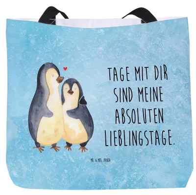 Produktbild von Mr. & Mrs. Panda Strandtasche Pinguin umarmen - Eisblau - Geschenk, Liebe, Stoffbeutel, Hochzeitstag, Tote Bag, Tasche, Liebespaar, Tragetasche, Einkaufstasche