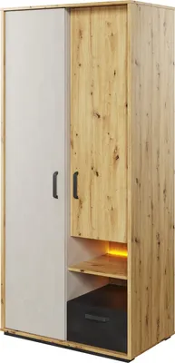 Productafbeelding van Furniture24 Garderobekast Qubic QB-03, kast, tienerkamerkast met twee deuren, kledingstang, lades, legplank en LED-verlichting