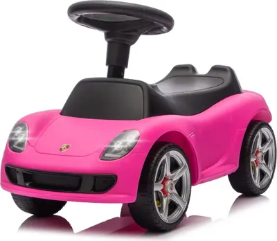 A pink ride-on toy car resembling a Porsche Carrera GT, shown from a three-quarter front angle against a white background.