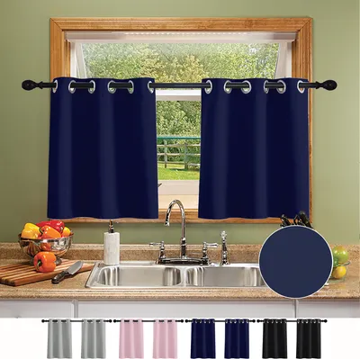 A kitchen sink area with navy blue curtains hanging in the window above it. A sample of the curtain color is shown in a circle on the right.