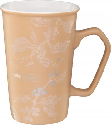 Produktbild von Porzellanbecher 420 ml beige mit Kaffeemotiv, Kaffeetasse für Tee & Heißgetränke 1 Stück
