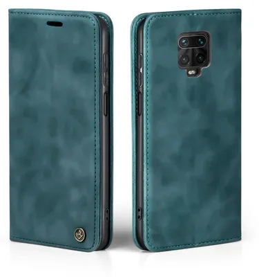 A teal flip cover phone case for a Xiaomi Redmi Note 9 Pro is shown from the front and back.