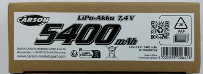 Produktbild von Carson 7,4V 5400mAh 60C 2S 7,4V LiPo Akku T-Plug Deans HC 500608234