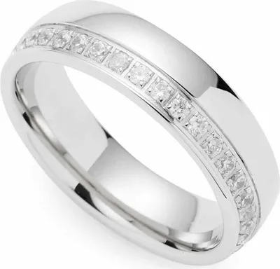 A close-up studio shot of a silver ring with small diamonds set in a channel on the top surface.