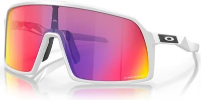 A pair of white Oakley Sutro S sunglasses with colorful mirrored lenses.