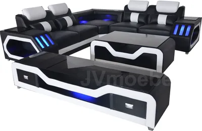 Image de Canapé d'angle moderne en cuir, ensemble salon, canapé en forme de L, avec système audio, port USB et Bluetooth