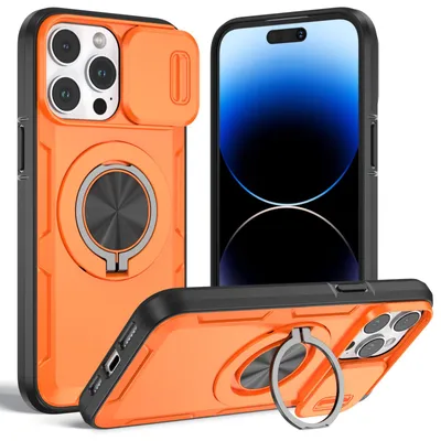 Produktbild von Magnetische Hülle für iPhone 14 Pro, Militär Stoßfest Handyhülle mit Kameraschutz und Ringhalter Ständer Orange