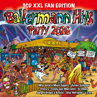 A lively cartoon illustration of a beach party scene with people dancing and celebrating, set against a backdrop of a bar and palm trees. The image is designed to evoke a festive and energetic atmosphere.