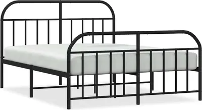 A black metal bed frame with a white mattress on a white background.