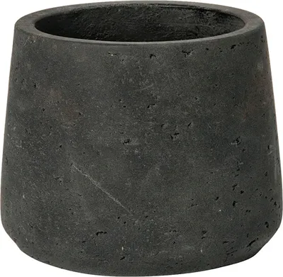 A dark gray, textured pot with a wide opening and a tapered base.