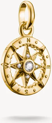 A close-up studio shot of a gold compass charm pendant.