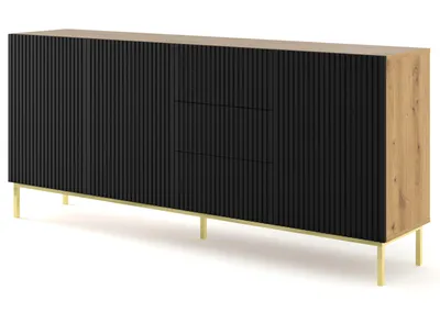 Obrázok produktu pre Komoda RAVENNA B 3D3S 200 | dub artisan / čierna matná Prevedenie: Dub artisan / čierny mat / zlatá podnož