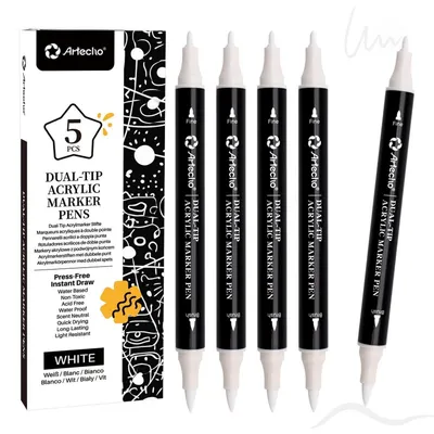 Obrázek produktu pro Sada 5 akrylových fixů, bílá barva, dvouvrstvé hrotky, 0,5-5 mm, voděodolné, štětec a jemná špička