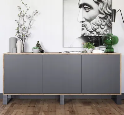 Produktbild von Loft Kommode TV Eiche Wotan Apollo 3D TV-Sideboard Modern Lindner Möbel Drei Metallfüße 168cm x 35cm x 72 cm Farbe: Wotan Eiche matt - Graphit matt