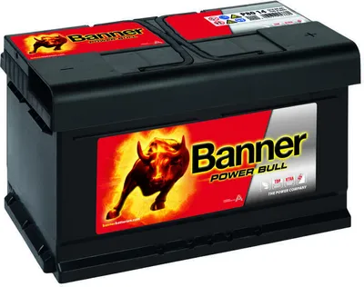 A black car battery with red and yellow branding.
