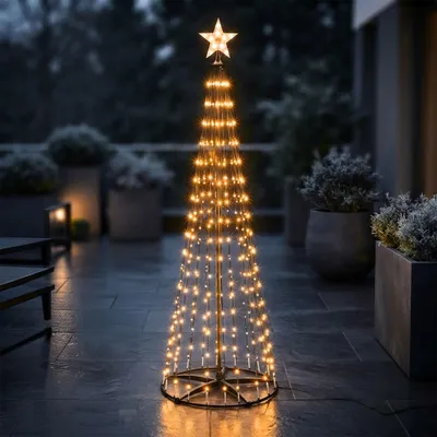 Produktbild von Lichterbaum mit Stern Spitze 150 cm für Außen mit Fernbedienung und Timer - 154 LED - Metall Weihnachtsbaum in schwarz warmweiß mit Lichteffekten