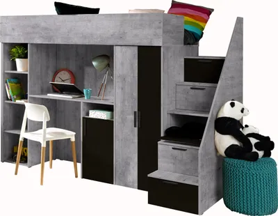Produktbild von Etagenbett für Kinder Konkret 14 Stockbett mit Treppe, Kleiderschrank und Schreibtisch (Beton + Schwarz)