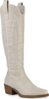 Produktbild von VAN HILL Damen Stiefel Cowboystiefel Stickereien Boots Spitz Western Schuhe 839569, Farbe: Beige, Größe: 38