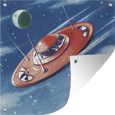 Produktbild von MuchoWow® 100x100 cm Outdoor-Poster Gartendeko Sichtschutz Garten Poster für den Garten  Eine Illustration eines UFOs inmitten der Planeten - Jungen - Mädchen - Kinder - Kind