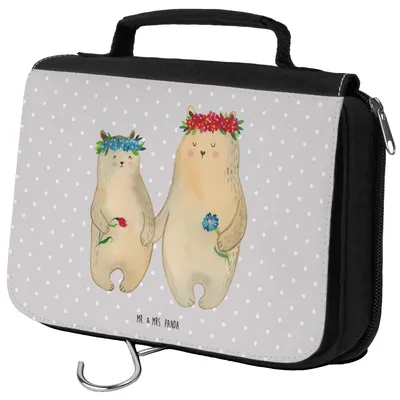 Produktbild von Mr. & Mrs. Panda hygienebeutel Bären mit Blumenkranz - Grau Pastell - Geschenk, Kosmetiktasche, kosmetiktäschchen, Kulturtasche, Waschbeutel, Kulturbeutel, Bär, Muttertag